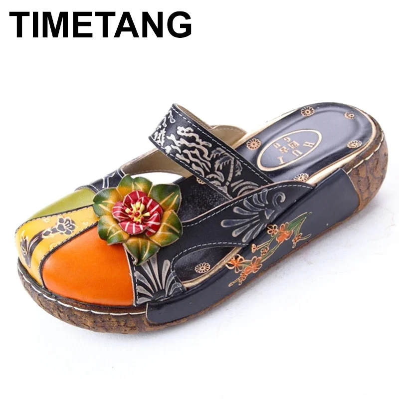 

Лето 2022, женские босоножки на танкетке с закрытым носком и цветком, этнический стиль, персонализированные женские тапочки ручной работы из натуральной кожи