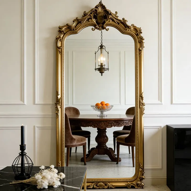 Vintage carved floor-to-ceiling French luxury dressing mirror, high-end full-body mirror in home living room, fitting mirror
