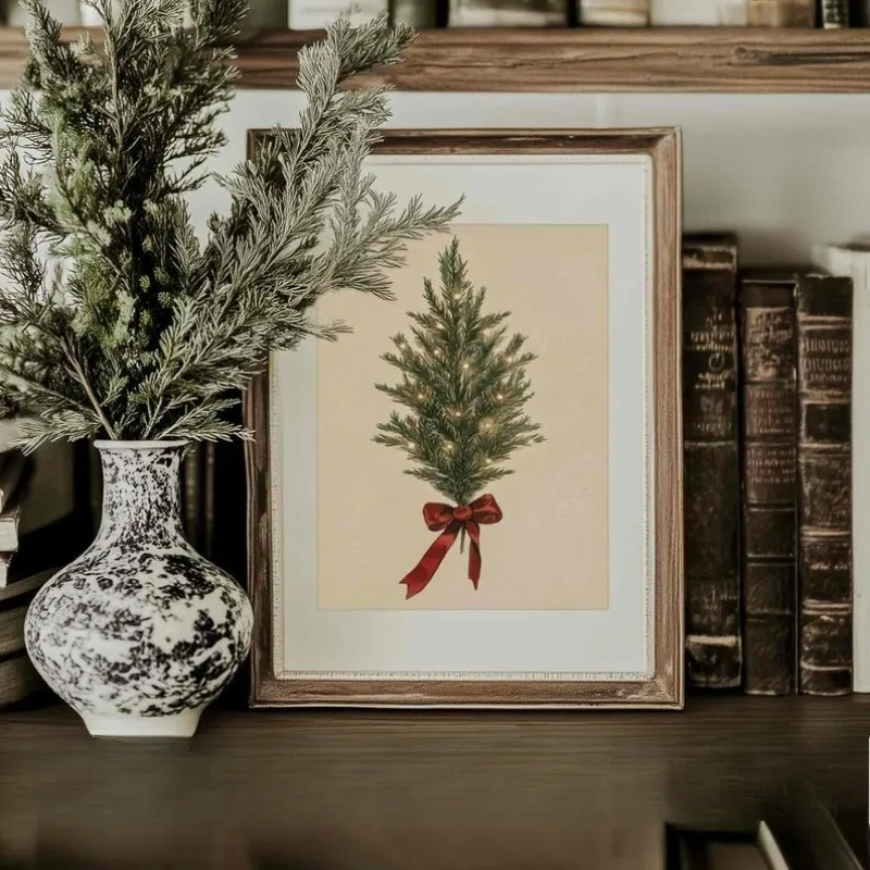 طباعة شجرة عيد الميلاد خمر، يطبع جدار الفن عيد الميلاد، طباعة نباتية موودي الشتاء، ديكور جدار عطلة، طباعة شجرة دائمة الخضرة #3