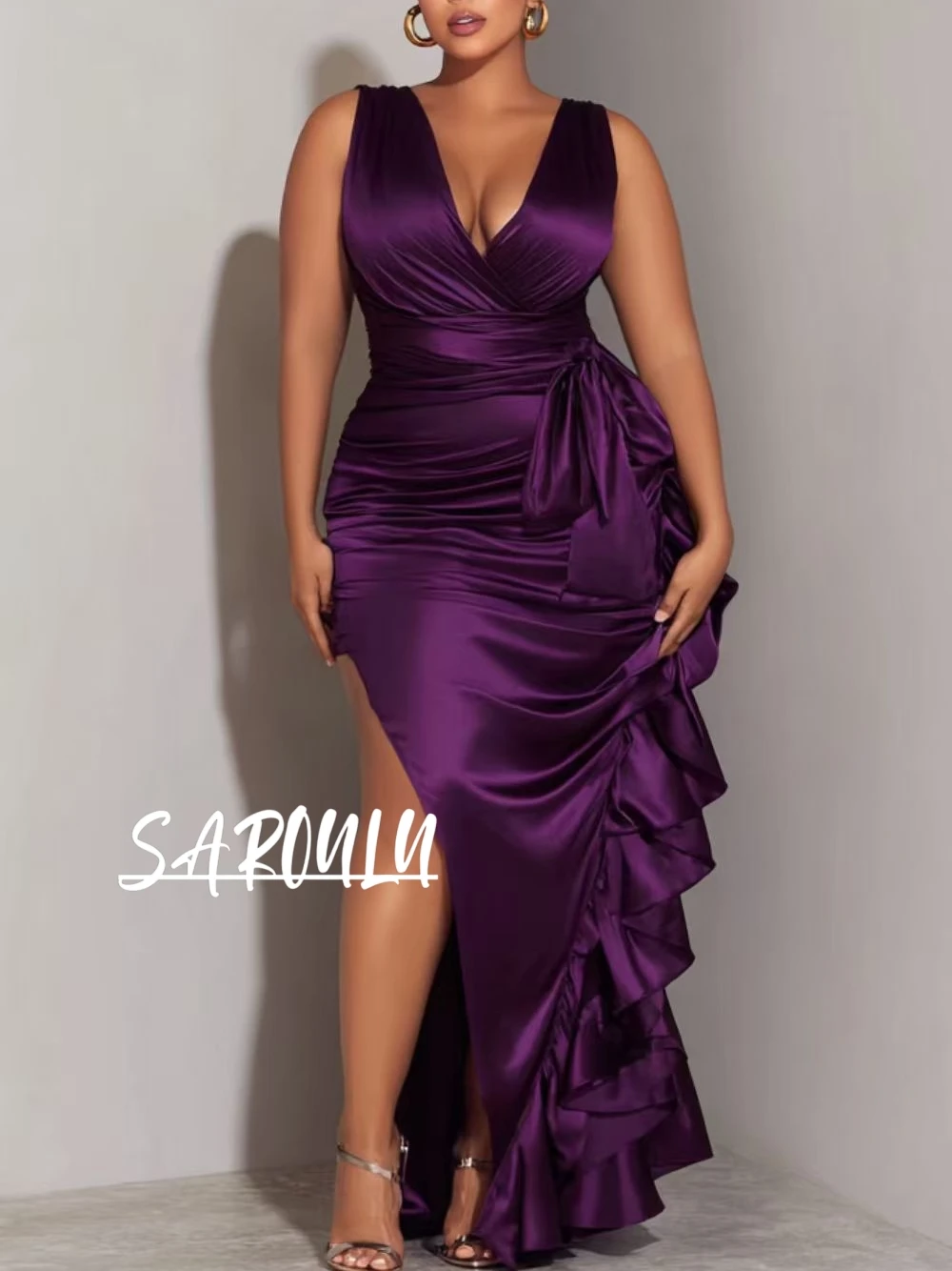 

Purple Plus Size Sleeveless Sexy Deep V Neck Prom Dress Satin Ruched High Slit Bow Ruffled Formal Modern Evening Party Gown