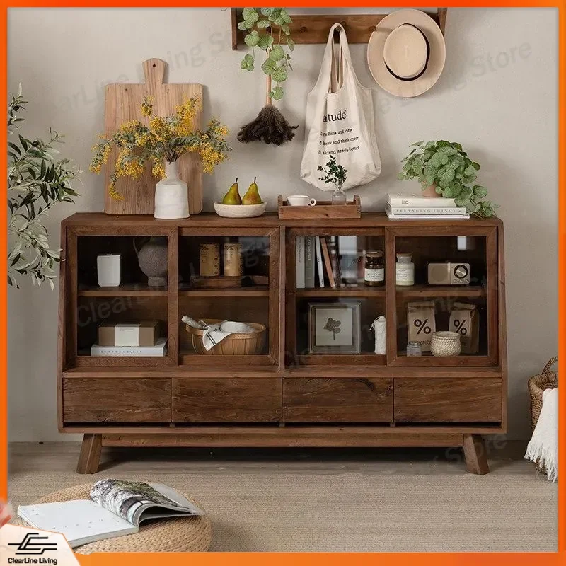

Wholesale Rustic Elm Wood Wall-Mounted Dining Side Cabinet for Living Room Bar Storage Weathered Solid Wood Buffet Cabinet