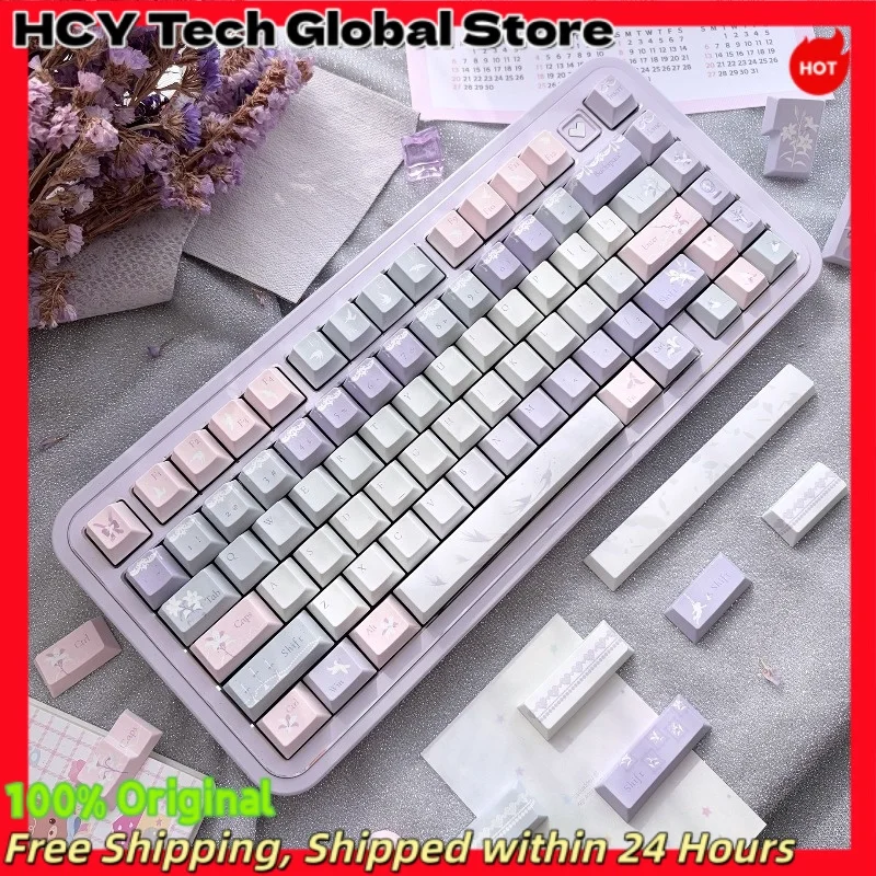 HCY Lily Fantasy Poem PBT Keycaps Cherry Profile 5-Side Dye Sub Wearproof MX CrossStem Keycap Set For 60 65 75 Alice Mech KBD