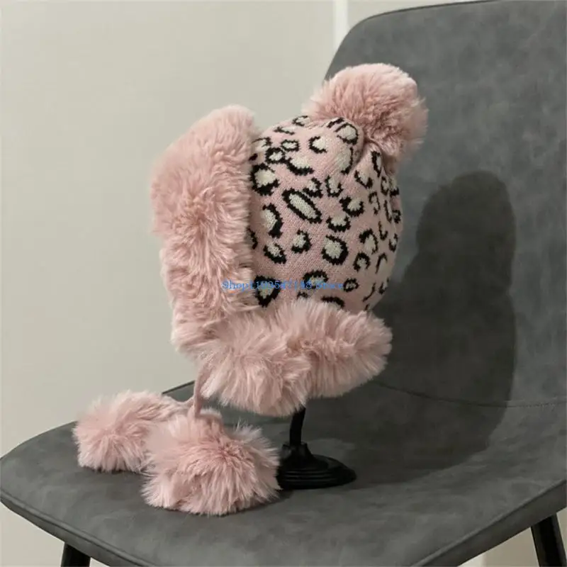 P88B الحلو لطيف ليوبارد طباعة قبعة قبعة صوف عادية قبعة صوف شتوية عادية مع EarFlap اليدوية كل مباراة Earprotect يندبروف #5