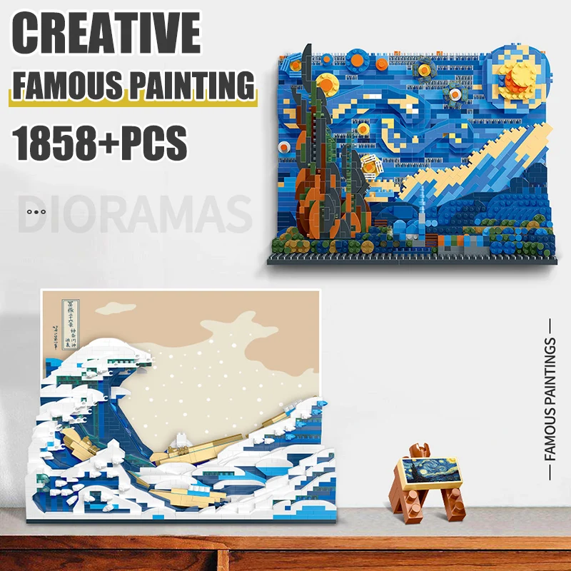 

MOC Creative World Famous Paintings The Great Wave of Kanagawa The Starry Night Mini Size Building Blocks Bricks Toys For Kids