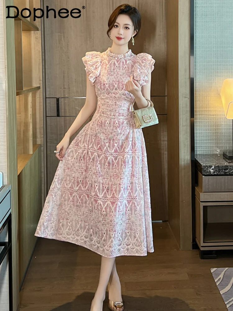 

Elegant Temperament Tea Break Dress 2024 Summer Women's French Style Ruffled Short Sleeves Waist-Controlled Large Hem Lace Dress