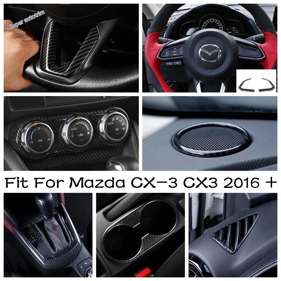 

Steering Wheel / Gear Shift Panel / Water Cup Holder Cover Trim For Mazda CX-3 CX3 2016 - 2024 Carbon Fiber Accessories Interior