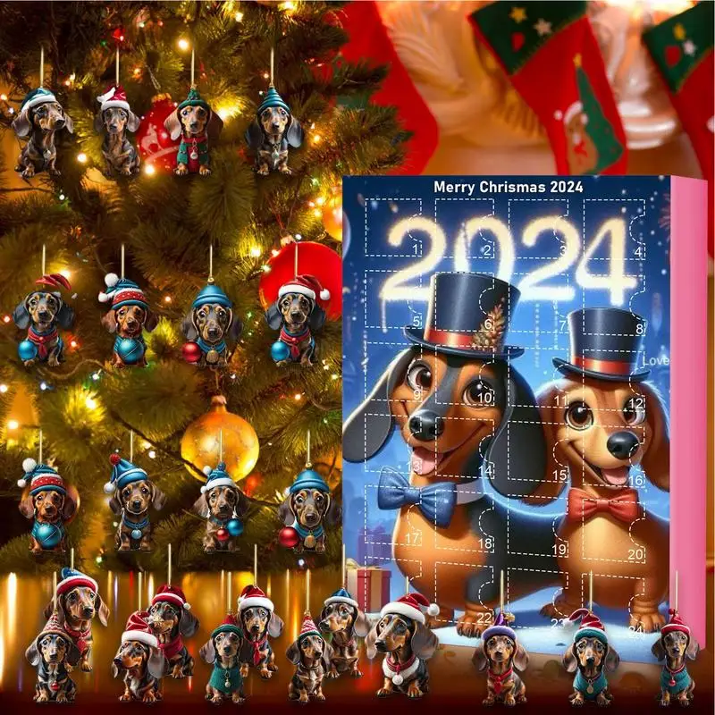 2024 Advent Calendar Dachshunds Christmas Vacation Advent Calendar Collectible 2D Flat Acrylic Dog Pendants Gifts For Teenage