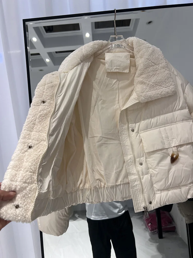 Koreanische Version Mode Reverskragen Lammwolle lässig vielseitige weiße Ente Daunenjacke trendiges Design Sinn Frauen Daunenjacke