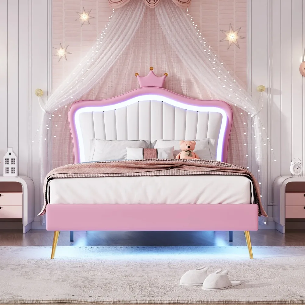 Pink Princess Bed with LED Light, Twin Size Upholstered Platform Bed with Crown Headboard, Low-profile Upholstered Princess Beds