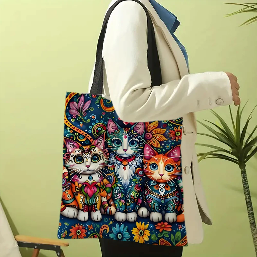 1pc Colorful Funny Cat Shoulder Shopper Bags Cute Cartoon Bohemian Style For Women Handbag Eco Foldable Reusable Shopping Bag