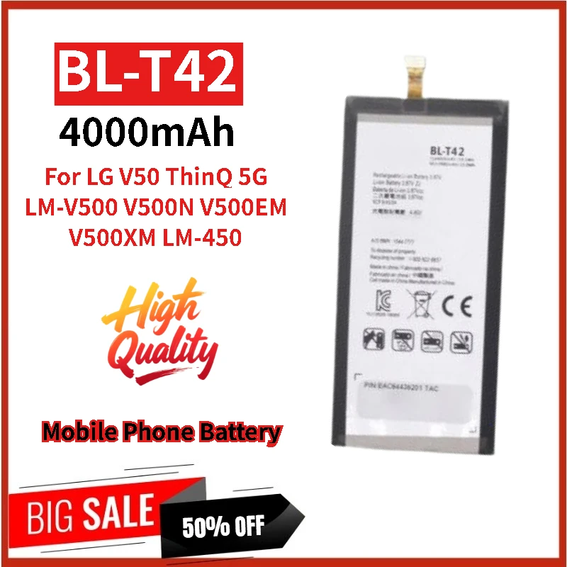 

High Quality BL-T42 Phone Battery 3.87V 4000mAh for LG V50 ThinQ 5G LM-V500 V500N V500EM V500XM LM-450 New Replacement Battery