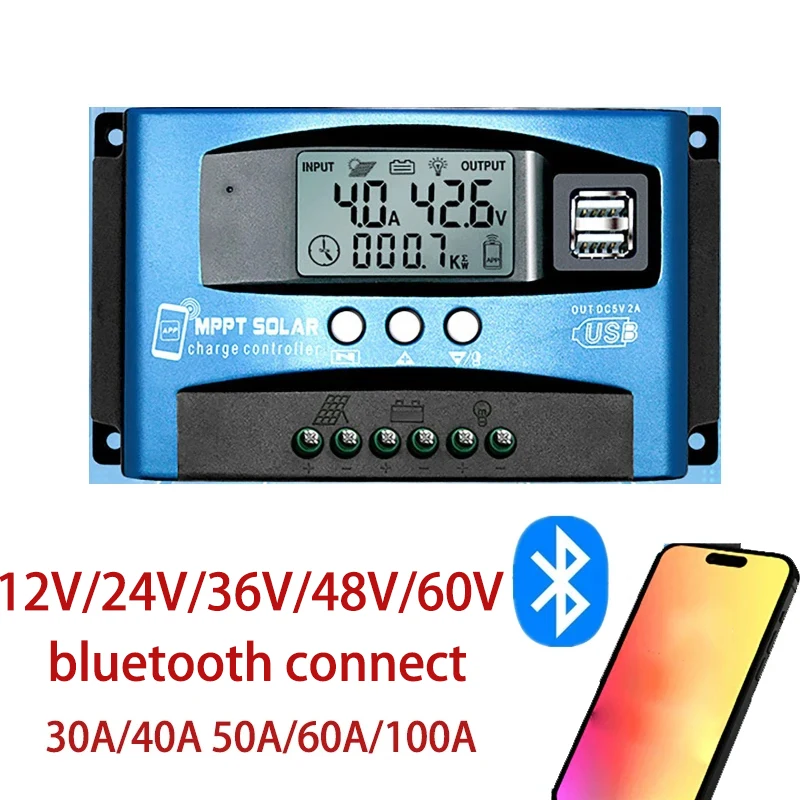 12 В 24 в 36 в 48 в 60 в MPPT Контроллер заряда солнечной батареи bluetooth ЖК-дисплей двойной USB для свинцово-кислотной литиевой батареи 100A 60A 40A 30A
