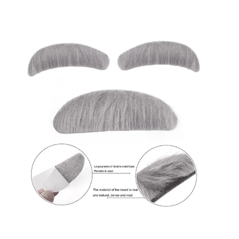 Handmade Mustache Stick-on Beard and Eyebrows Set Grey-Eyebrows False Beard Prop M6CD