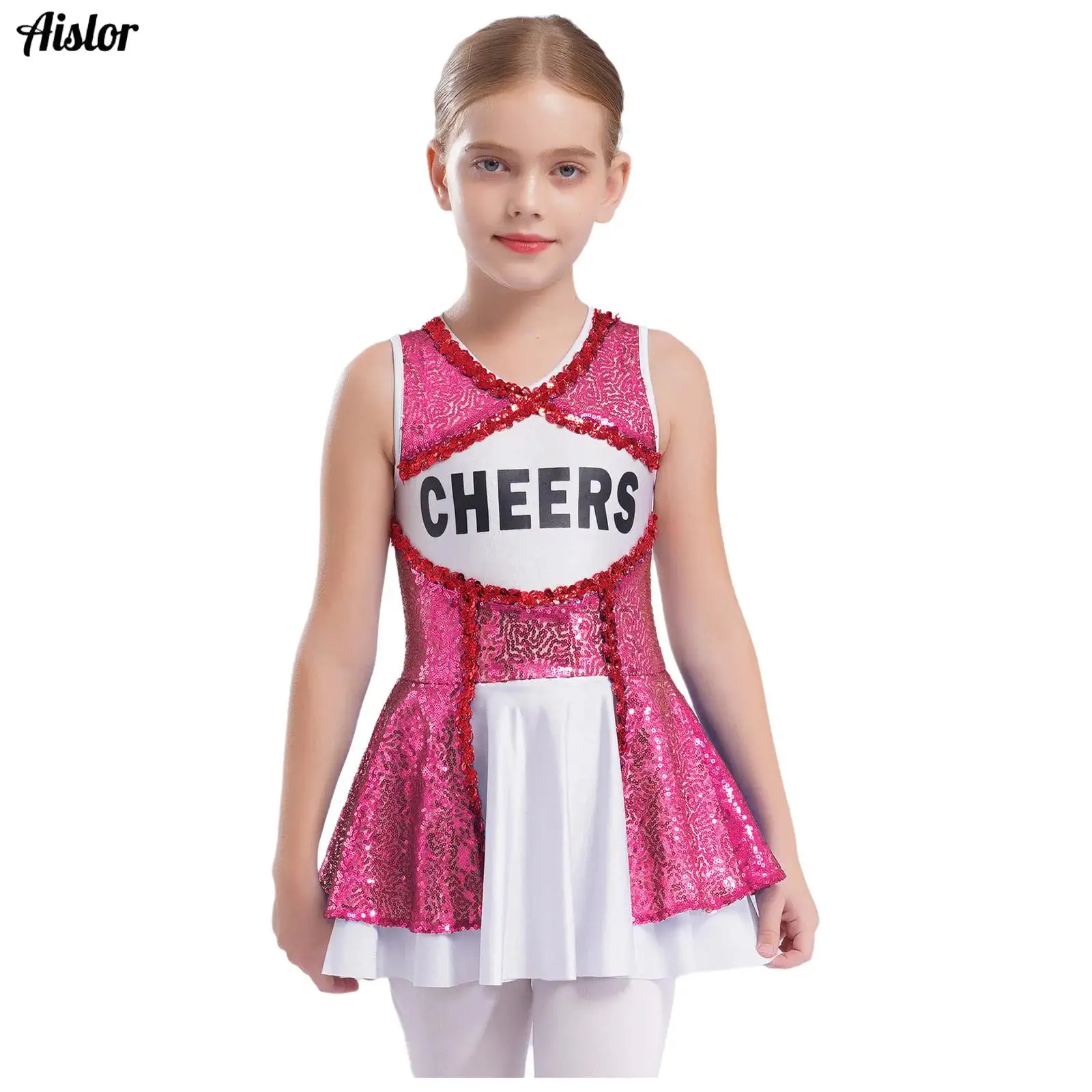 

Kids Girls Cheerleading Uniform Dance Outfit Sleeveless Color Block Shiny Sequins Dress Schoolgirls Dance Performance Costume