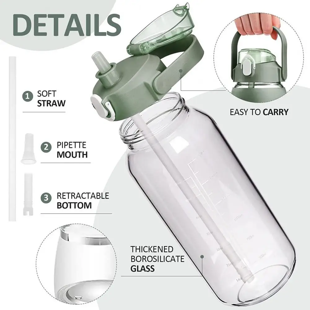 56 Oz Glass Water Bottle with Straw Time Marker 56-ounce Water Carafe 56 Oz Glass Water Bottle with Straw Time Marker for Gym