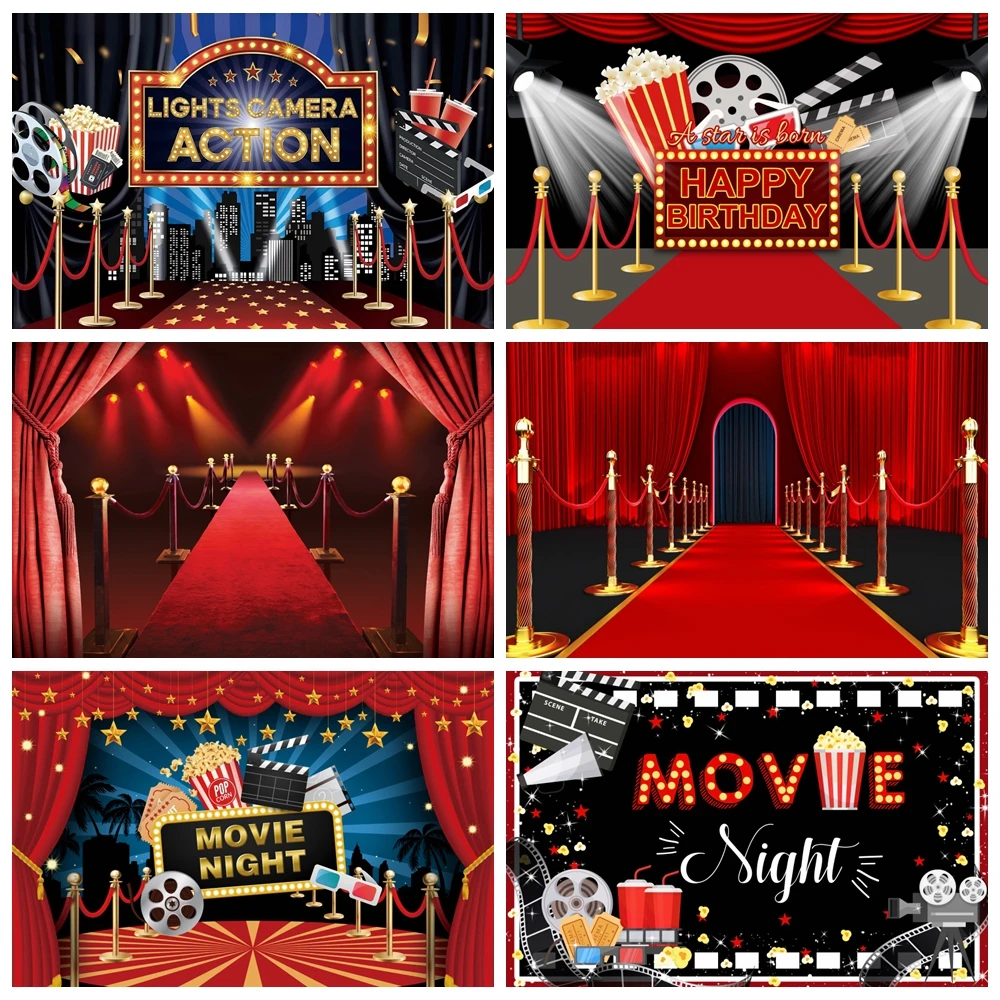 Movie Night Theme Photography Backdrop Red Carpet Film Event Star Stage Scene Decor Adults Birthday Party Background Photo Props