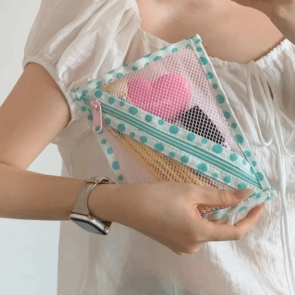 Korean Style Dot Grid Storage Bag Wide Opening Large Capacity Mesh Makeup Bag Zipper Closure Washable Charger Organizer