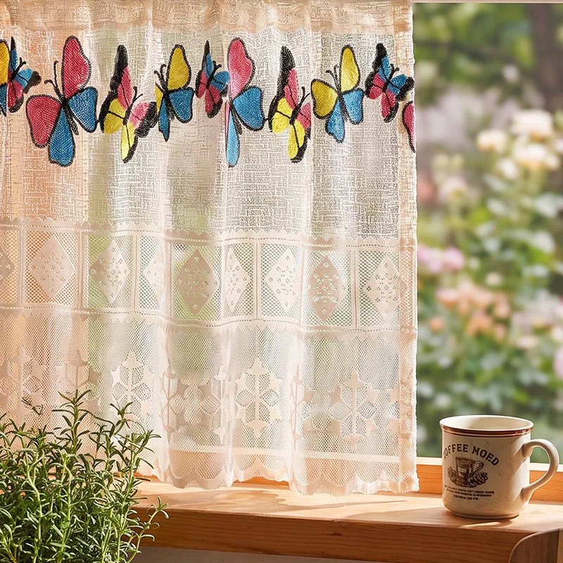 American Country Butterfly Embroidery Lace Half Curtain Kitchen Bay Window Short Curtain No Punch Rod Pocket Home Decor