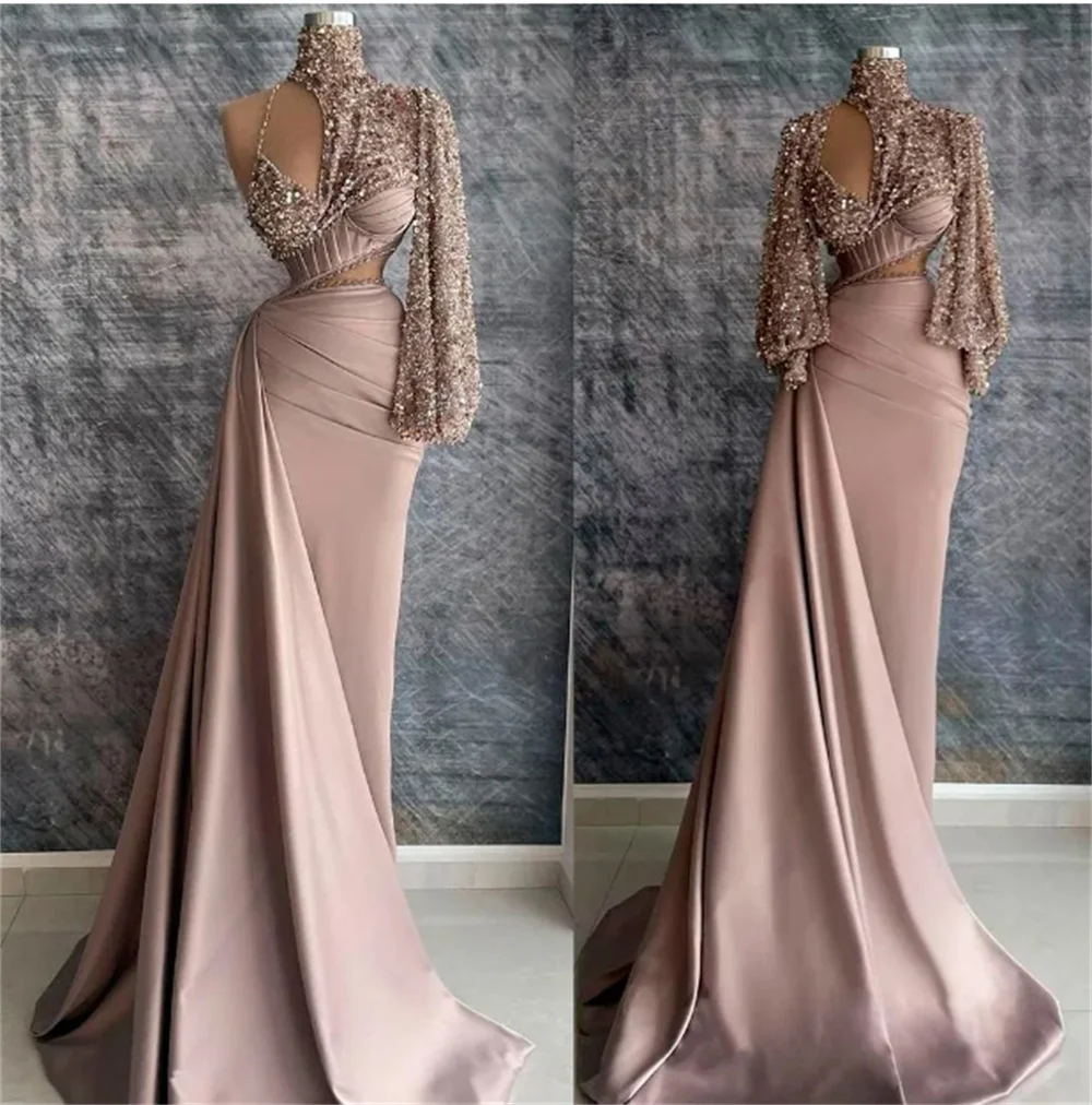 Chic Rose Pink Sequined Mermaid Evening Dresses With Detachable Train Elegant Satin Cut Out Full Sleeves For Women Party Dresses