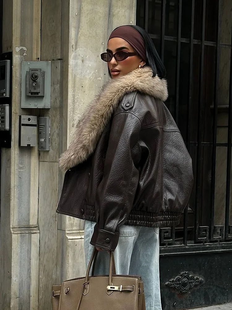 HH Women Chic Double Breasted Faux Fur-Effect Lapel Pocket Decoration Jacket Woman Casual Loose Short Coat Fashion Street Jacket