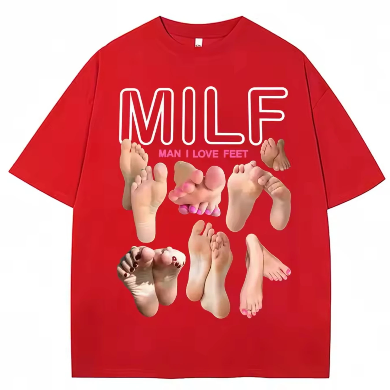 MILF Man I Love Feet مضحك ميمي بأكمام قصيرة من القطن الناعم برقبة دائرية تي شيرت غير رسمي ملابس الشارع الشهير FashionT-shirt، للجنسين