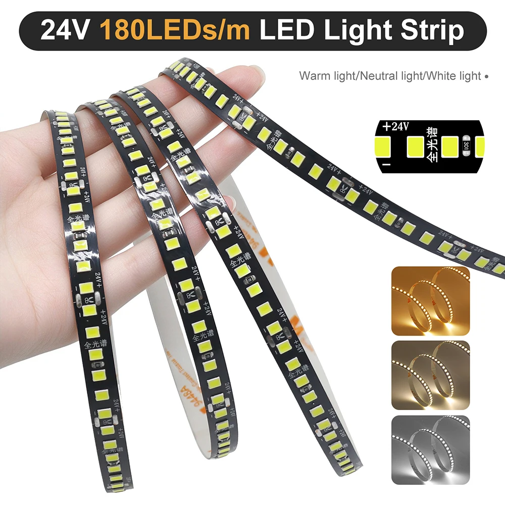 Black PCB 24V Full Spectrum LED Flex Strip 120/180 LEDs/m SMD2835 High Lumen CRI85+ 3000K 4000K 6000K 5m 10m IP20 8mm Tape Lamp