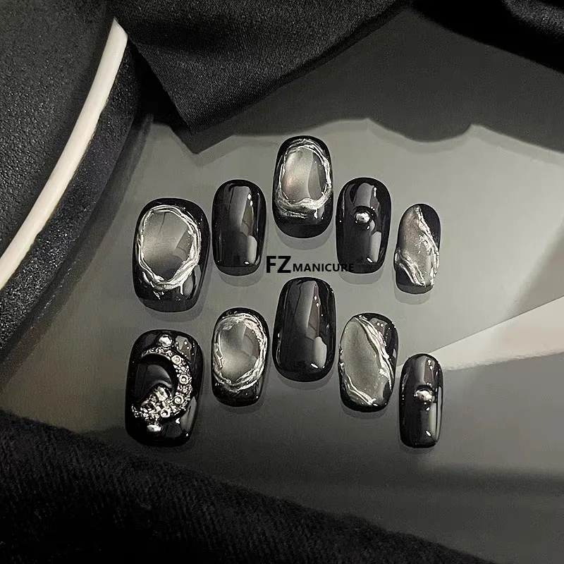 10 pçs artesanal imprensa em unhas céu reino escuro gato-olho cobertura completa dicas de unhas para mulher & menina removível wearable unhas falsas