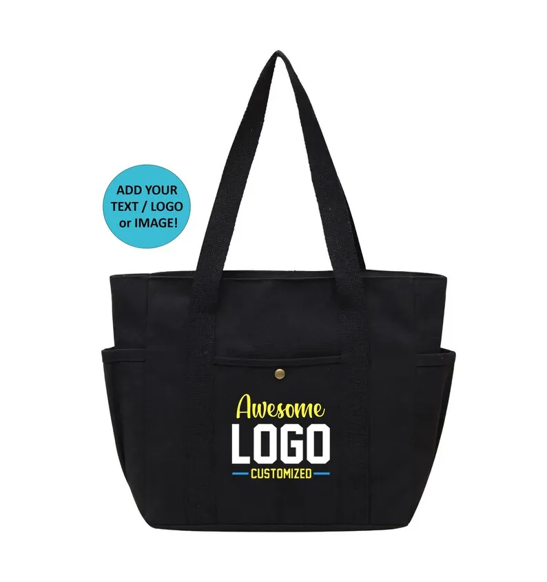 Personalized Zippered Tote Bag With Text or Logo Custom Canvas Bag Cotton Magnetic Button Shoulder Bag Large Capacity Canvas Bag