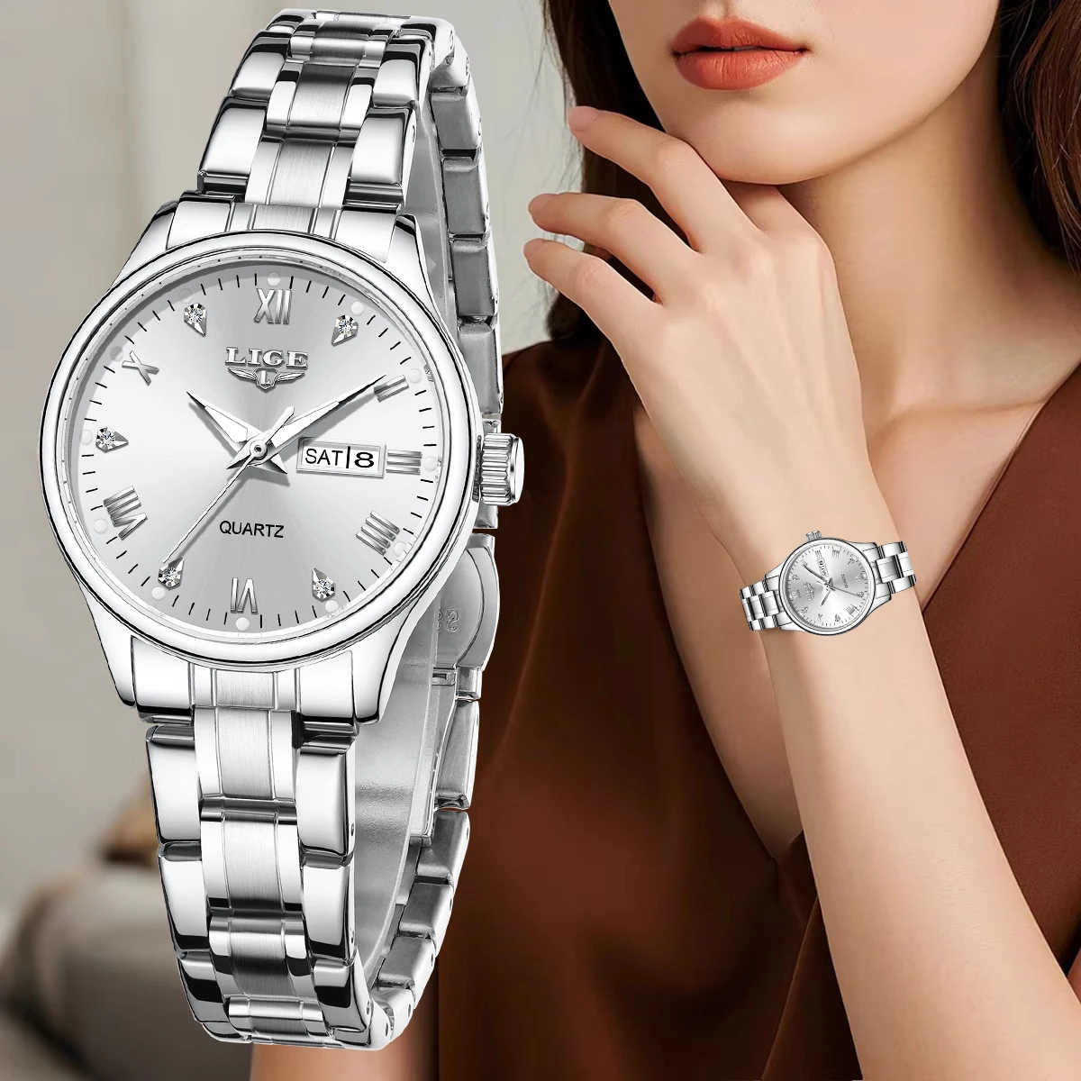 

Новые элегантные роскошные кварцевые женские наручные часы LIGE, классические модные простые повседневные часы с автоматической датой для женщин, женская подарочная коробка