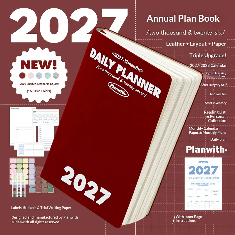 Planwith 2027 A5 Soft PU Cover Notebook Daily Week Month Planner Kawaii Annual Efficiency Tracking Aesthetic Stationery