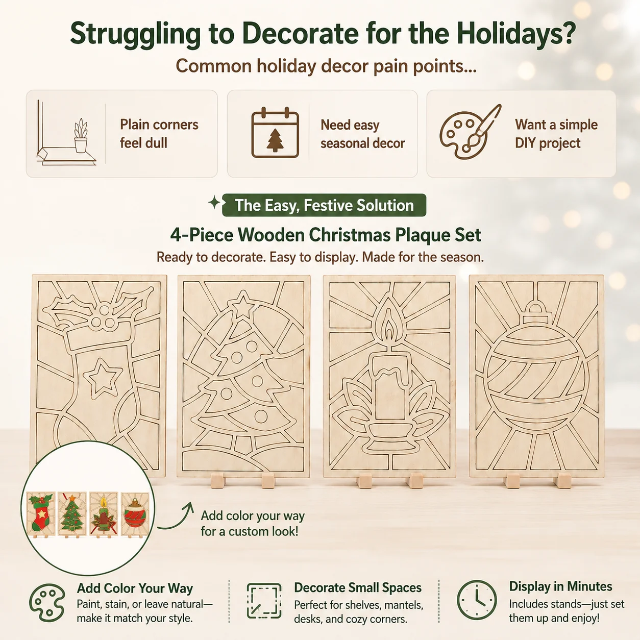 4-Piece DIY Christmas Wooden Unfinished Painting Plaque Set with Display Stands, Tabletop Decorations for Christmas Home Decor