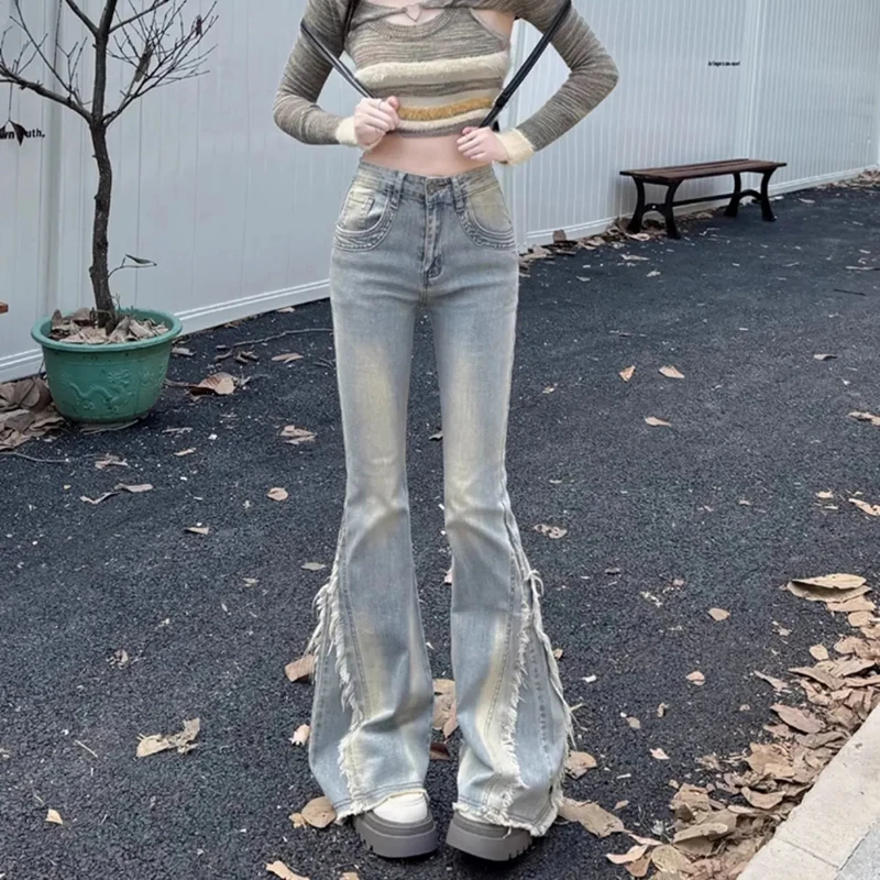 Vintage Streetwear Bootcut Jeans Women Harajuku Raw Edge Tassels Hottie Denim Pants Y2K High Waist Wide Leg Mopping Trouser New