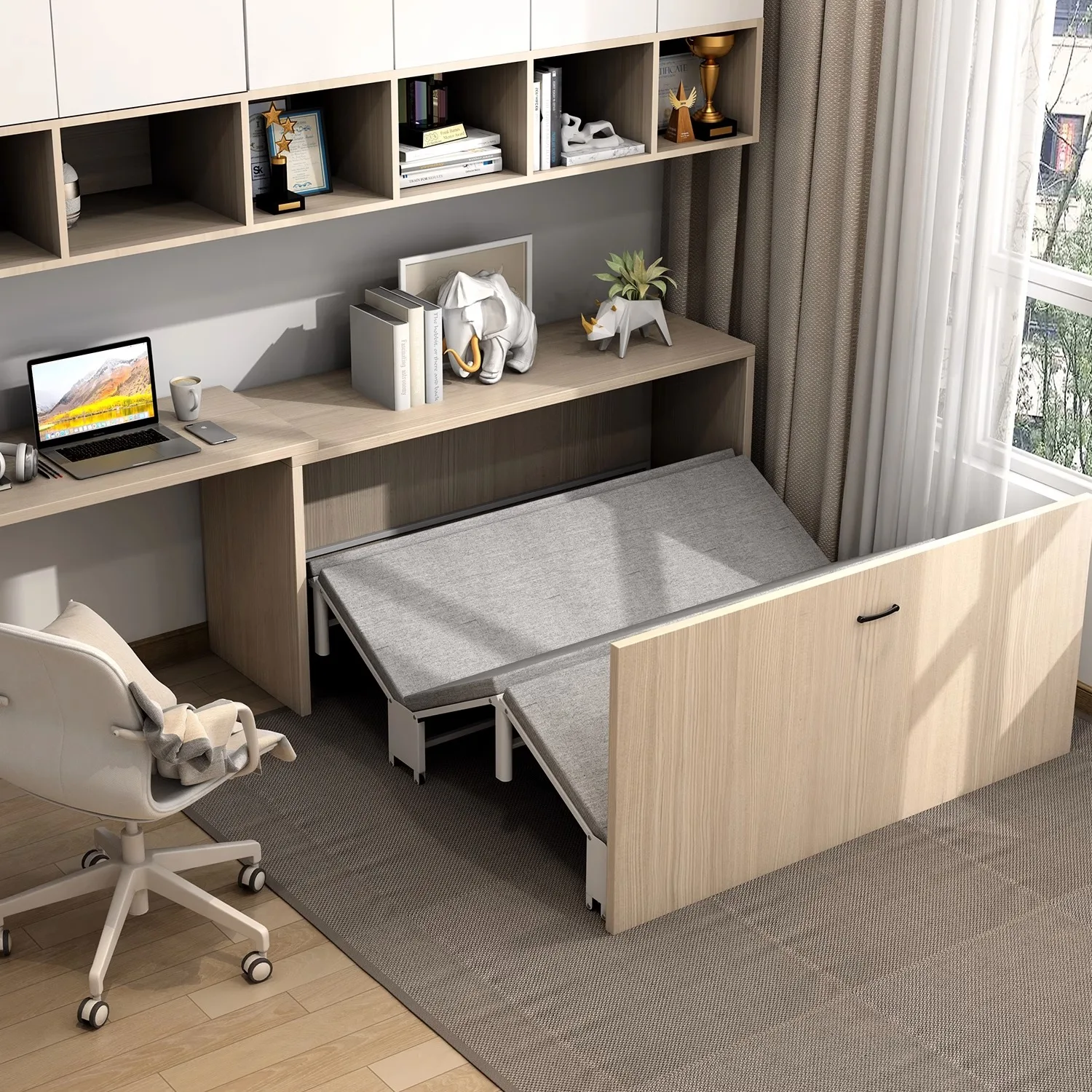 

Invisible folding bed desk bookcase wall integrated study lunch break bed multi-function hidden retractable folding bed