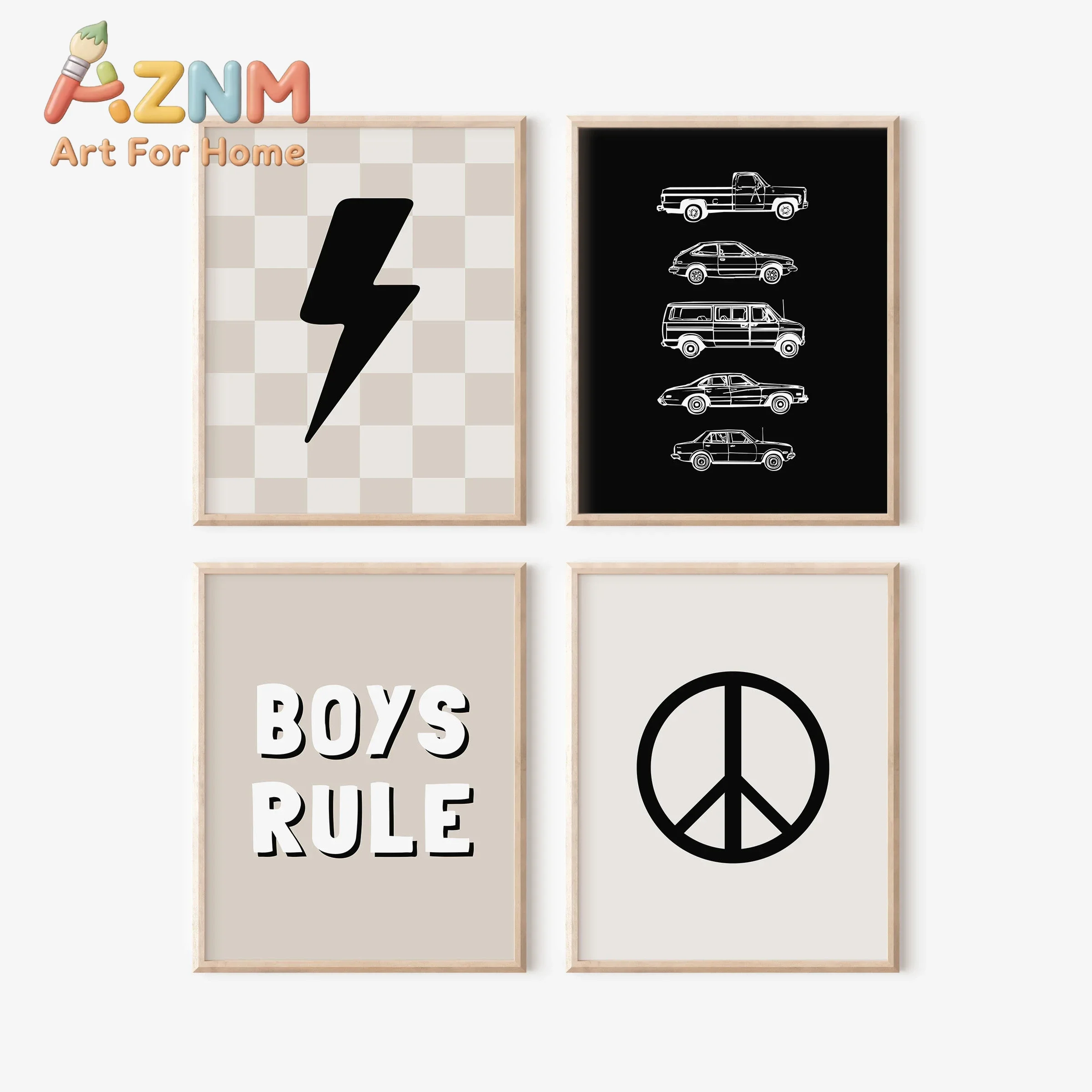 AZNM Neutral Boys Rule Canvas Painting, Retro Car Lightning Bolt Peace Sign Checkered Print, Boho Toddler Boys Nursery Bedroom W