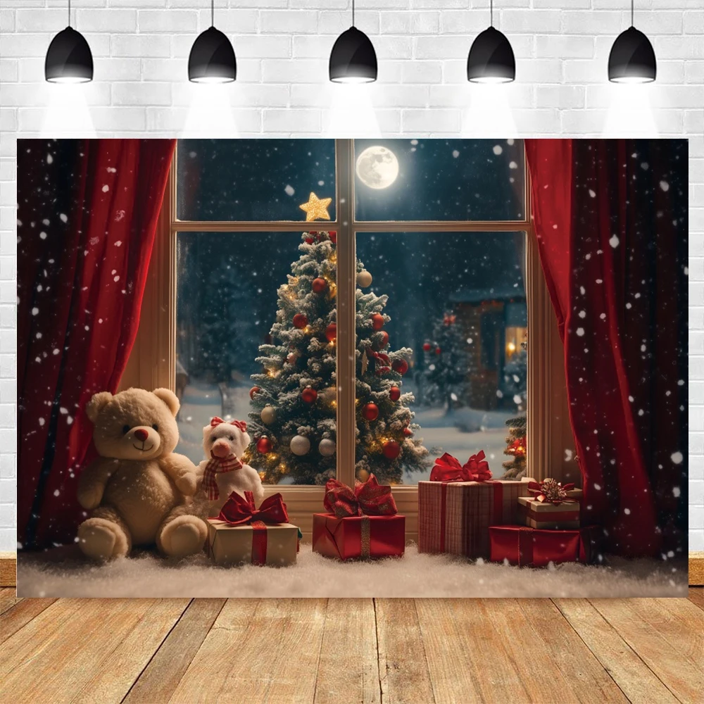 Christmas Window Photography Backdrop Xmas Tree Gift Toy Bear Red Curtain Family Party Decor Kids Portrait Photo Background Prop