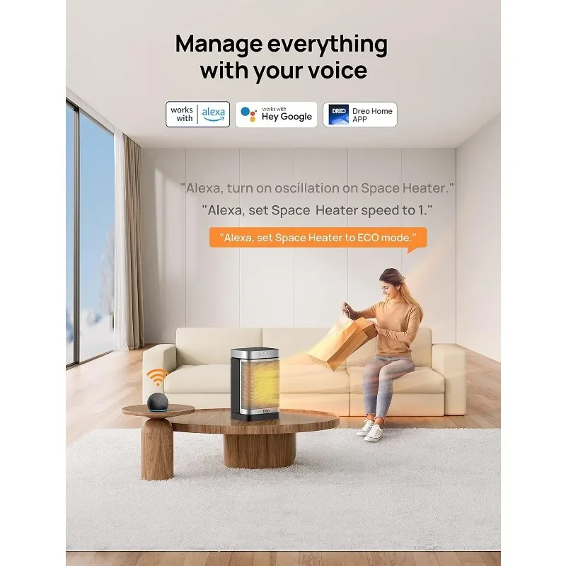 سخانات المساحة الذكية Dreo 1500W للاستخدام الداخلي، سخان محمول مع 70 ° التذبذب واي فاي اليكسا ومساعد جوجل سخان كهربائي