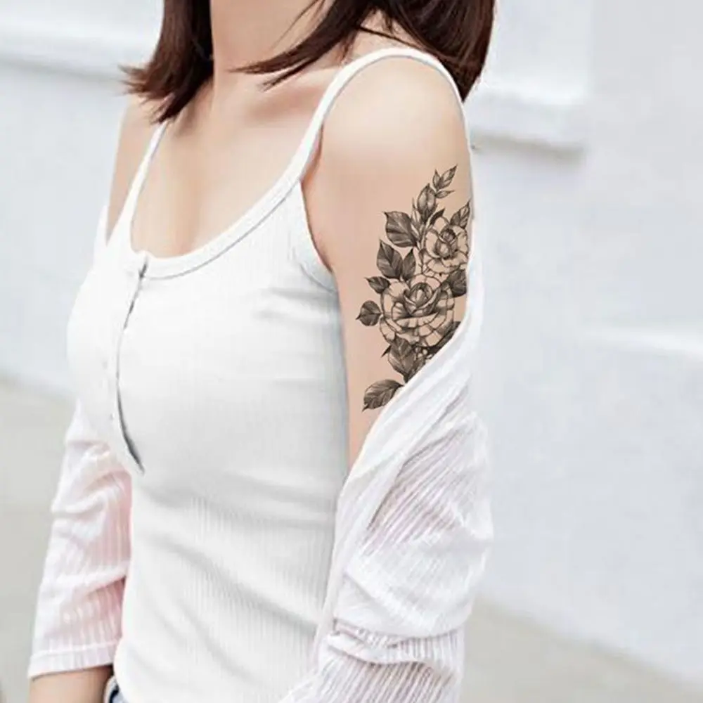 Women Leaf 3D Leg Black Sketches Girls Rose Sexy Tattoo Sticker Body Art Temporary Tattoo Flower