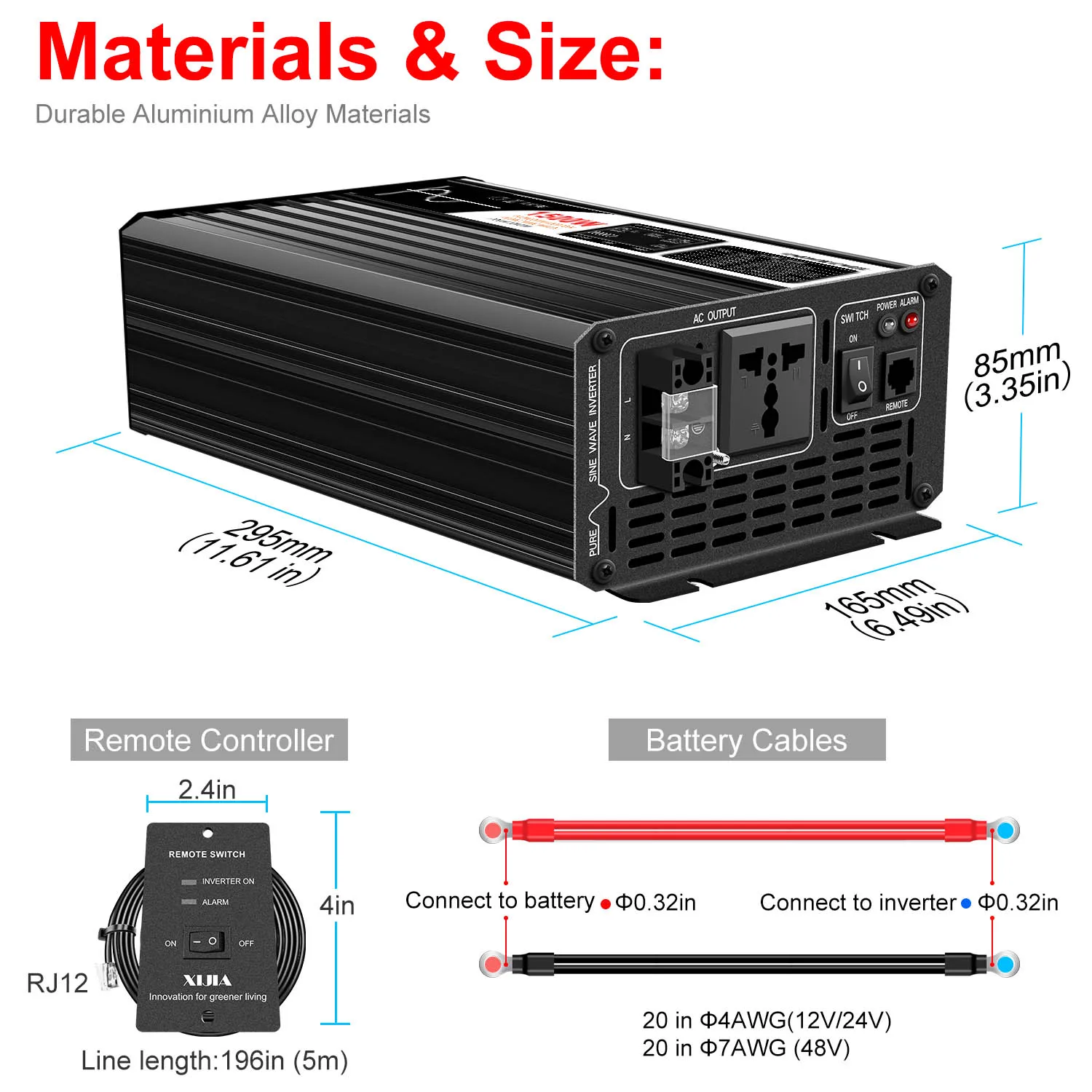 2500W pure sine wave power inverter 12V/24V/48V DC to 110V 220V AC LCD screen