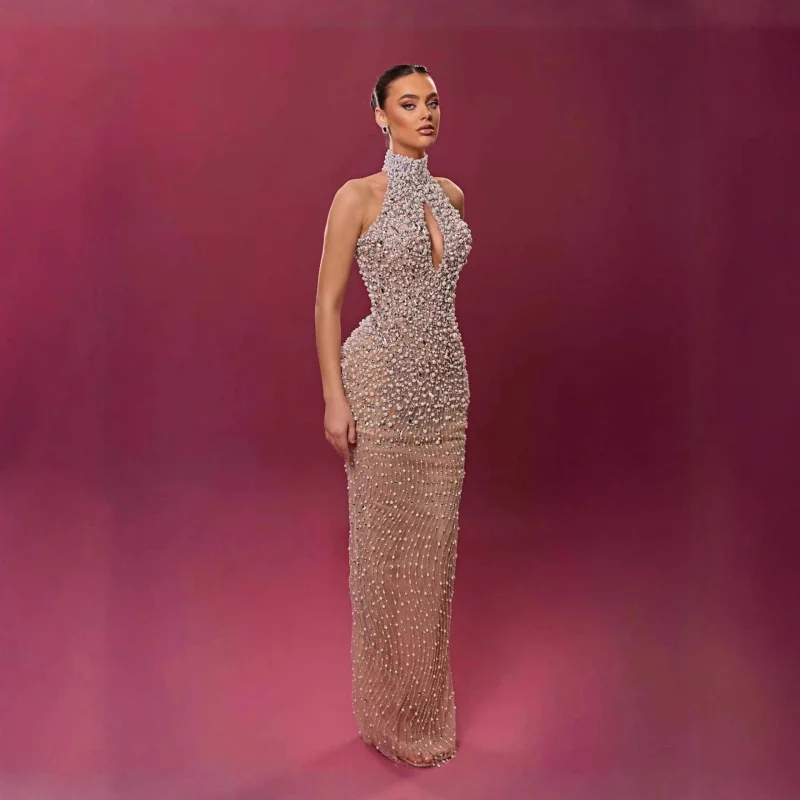 

New Arrival Women's High Neck Pearl Heavy Sequin Bodycon Slimming Host Party Evening Dress