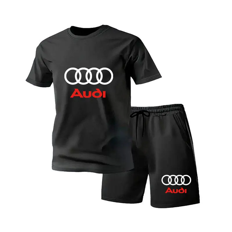 New summer hot selling men's classic sports short sleeved shirt, luxurious design, Audi four ring print, couple loose shorts