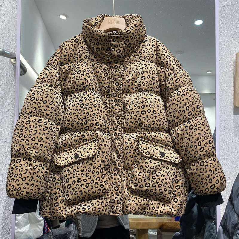 2022 mais novo de luxo inverno solto ajuste puffer jaqueta feminina leopardo impressão curto casual zíper engrossar quente 90% pato branco para