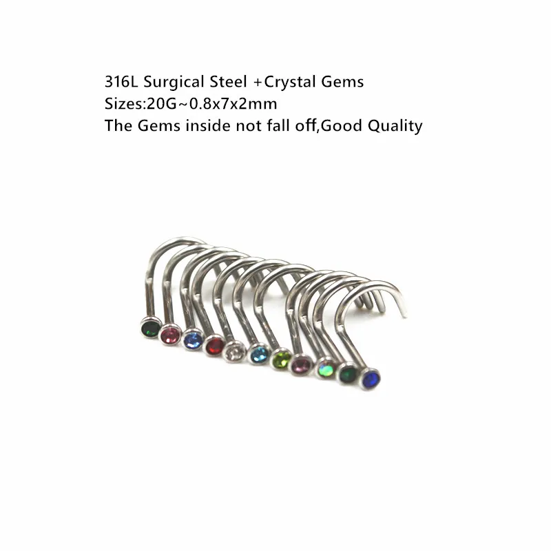 

50pcs 20Gx7x2mm Gems Inside Nose Rings Nostril Studs Ring Screw Curve Nose Studs Good Quality Body Piercing Jewelry