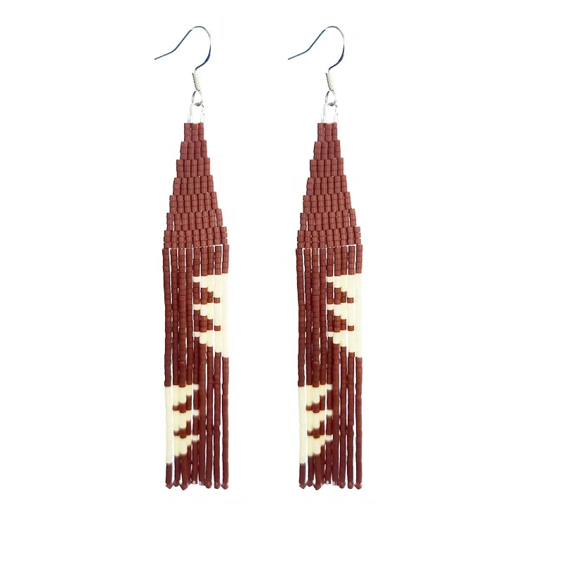 Beaded earrings Tassel leaf Symmetry Originality Hand knitting Design Tide Bohemia Alloy Simple Female Rice bead earrings