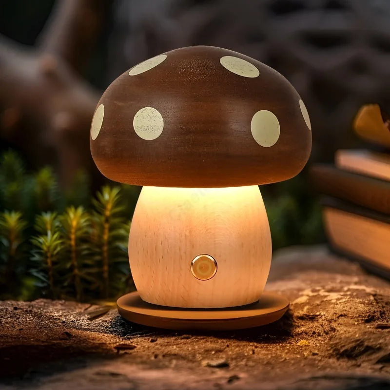 Creative LED Solid Wood Mushroom Night Light Bedroom Bedside Atmosphere Lighting Children's Room Desk Lamp