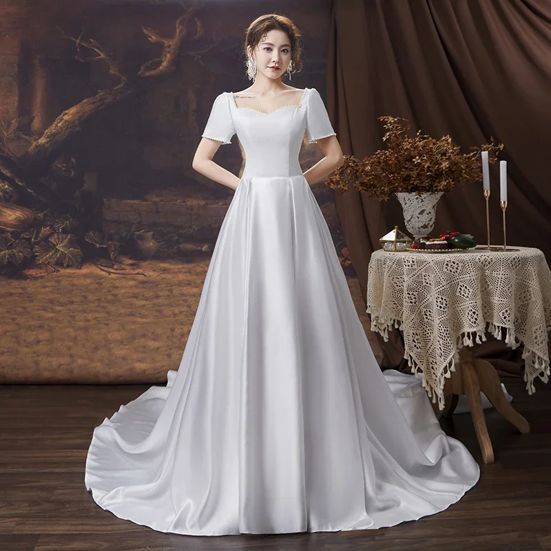 Customized Wedding Dress Satin Vrstidos De Novia Bridal Plus Size Train Ball Gowns Lace Up Wedding Dresses