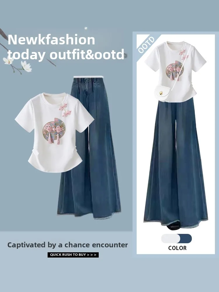 Effet minceur chinois Sle femmes rondes Ne ort Sve t-shirt et jean deux pièces ensemble jambe large jean été Faion