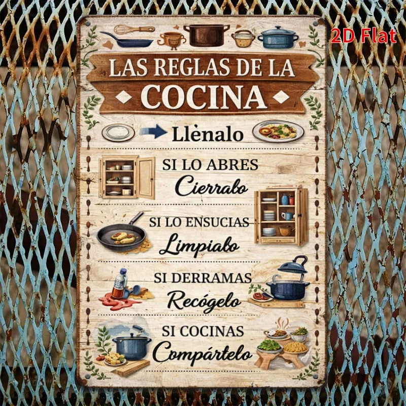2D Metal Sign, Spanish Kitchen Rules Decor, Rustic Wall Art, Farmhouse Style, 1 Piece, Wall Hanging for Hispanic Home, Room Deco