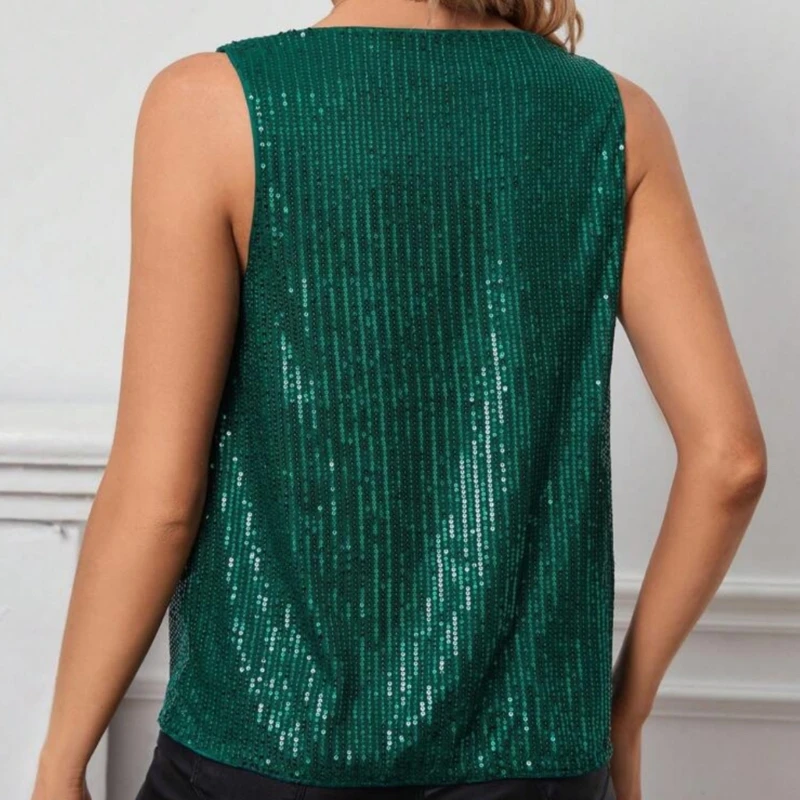 Women Sleeveless Cowl Neck Sparkly Sequin Tank Top Casual Blouse Solid Plain Draped Collar Loose Shirt Vest for Party Daily Wear