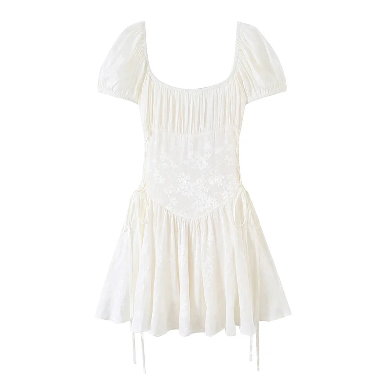 ZHIO Women's Dress 2026 Summer New White Short-Sleeve Jacquard Decor Mini Dress Beach Vacation Sexy and Cute