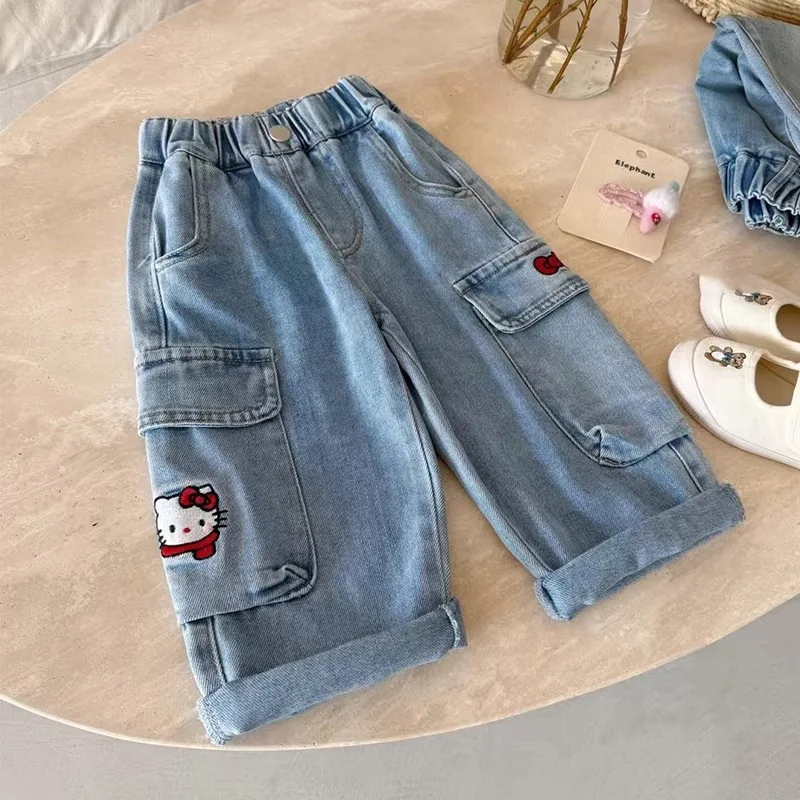 

Hello Kittys Girl Pants Sanrios Working Equipment Jeans Children's Clothing Anime Spring Summer New Cartoon Embroidery Kawaii